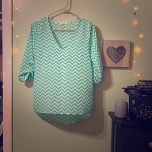 Seafoam Green & White Chevron 3/4 Sleeve Top